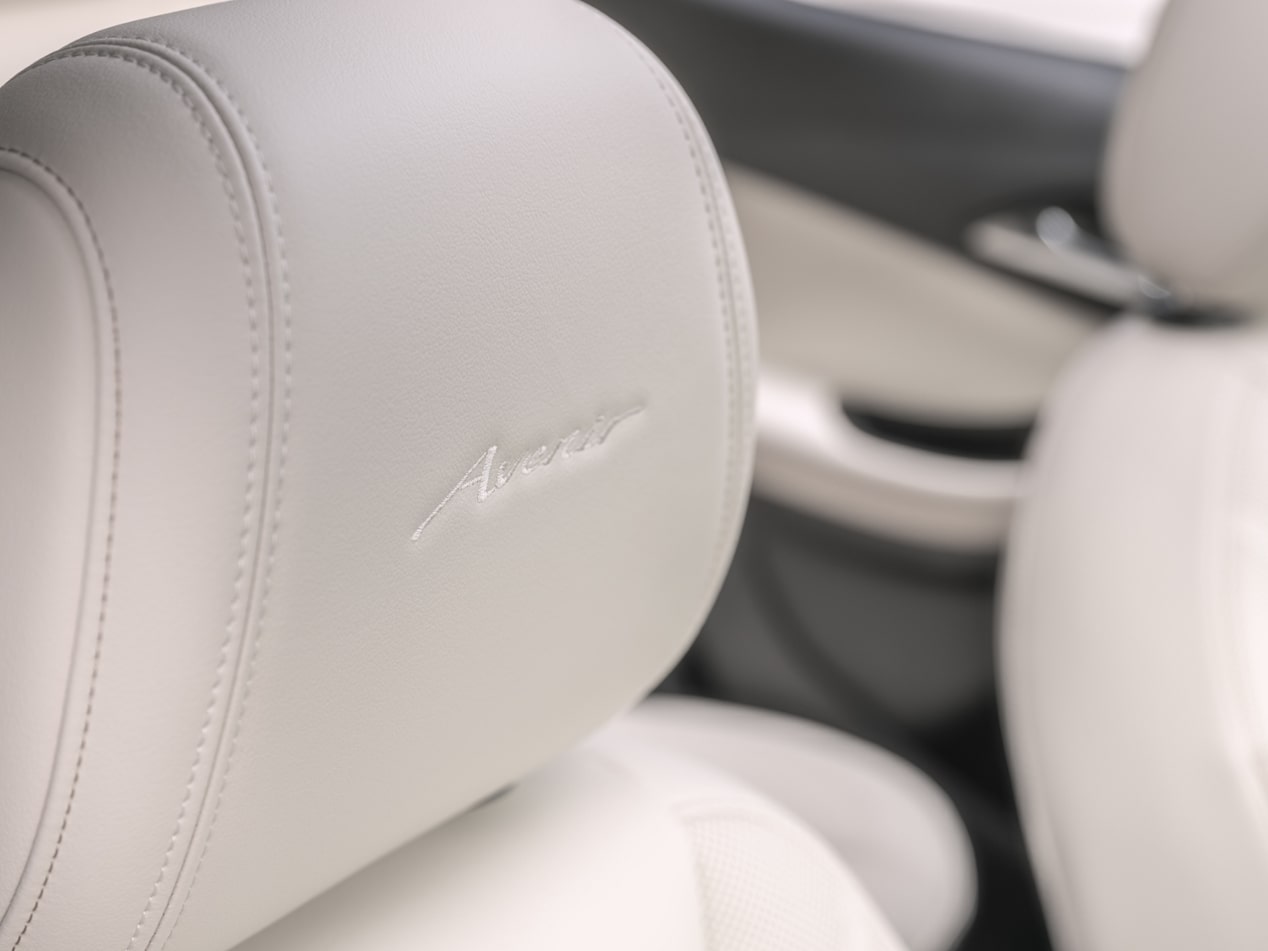 Close-up of the Stitched Avenir Badging on the Headrest of the 2024 Buick Encore GX Avenir