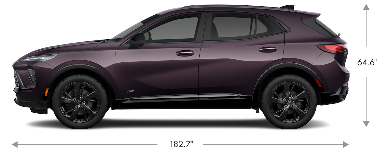 Side View of a 2024 Red Buick Envision Avenir Measured at 182.7 in Length and 64.6 in Height