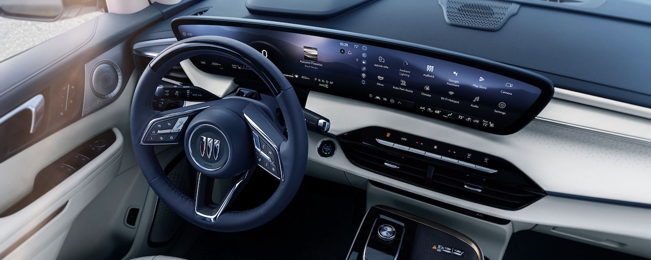 Birdseye View of the Steering Wheel and Infotainment Screen in a 2025 Buick Enclave