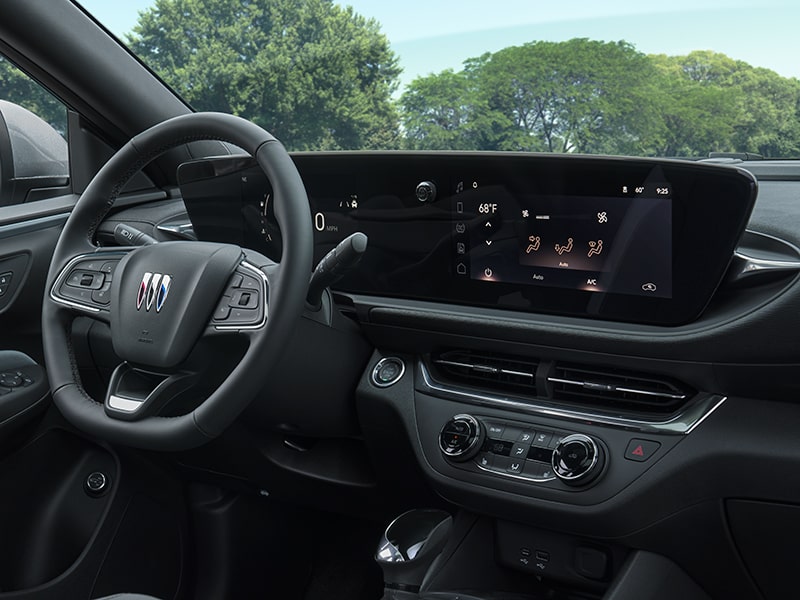 A Front Passenger Side View of a Buick Steering Wheel and Sleek Infotainment System