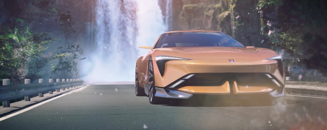 Close-up Front View of a Futuristic Buick Vehicle Driving Down a Road with a Waterfall in the Background