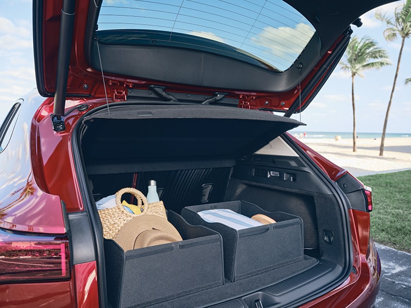 The Buick Envisions Opened Liftgate with the Premium Carpeted Cargo Area Mat with Integrated Cargo Bins Holding Beach Supplies