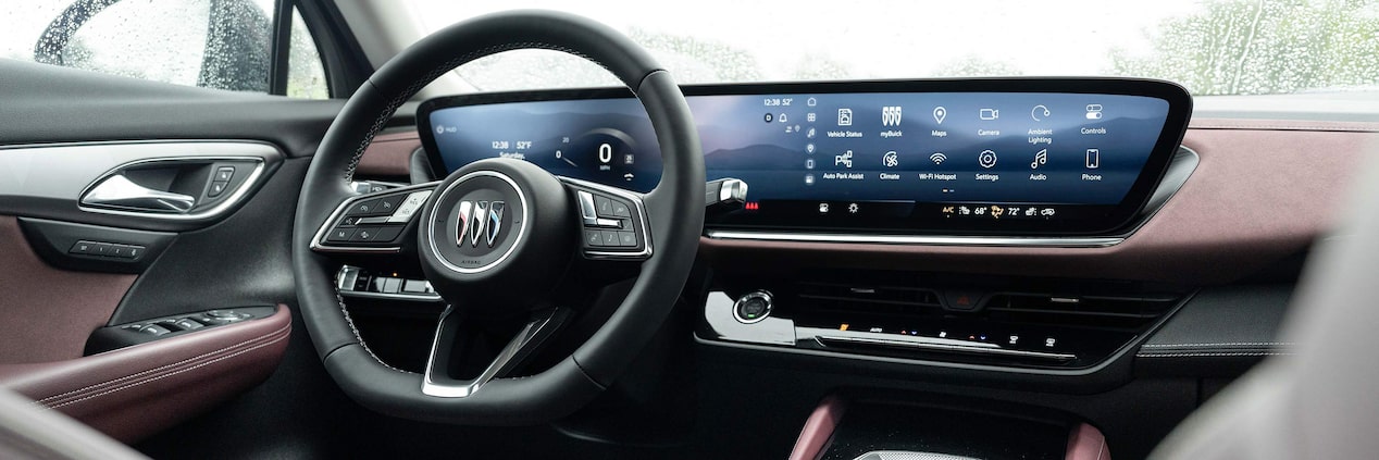 Interior View of a Buick’s Steering Wheel and Dashboard.