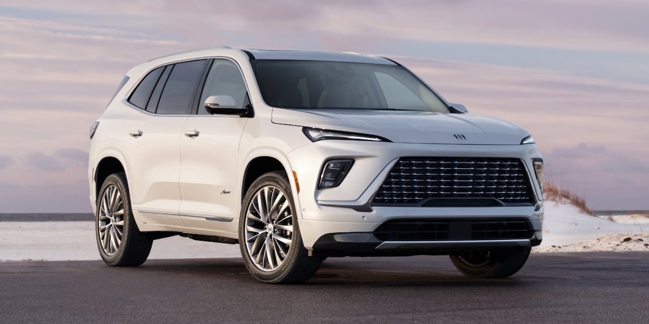 Front Three-Quarters View of the 2025 Buick Enclave Mid-size SUV at Sunset