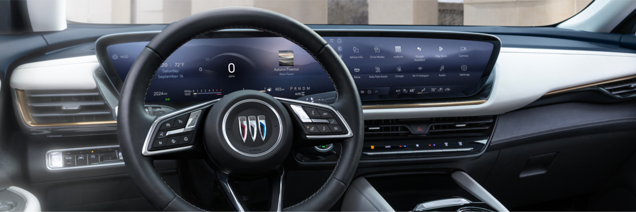 Interior View of the Infotainment System and Steering Wheel in a 2024 Buick Envision